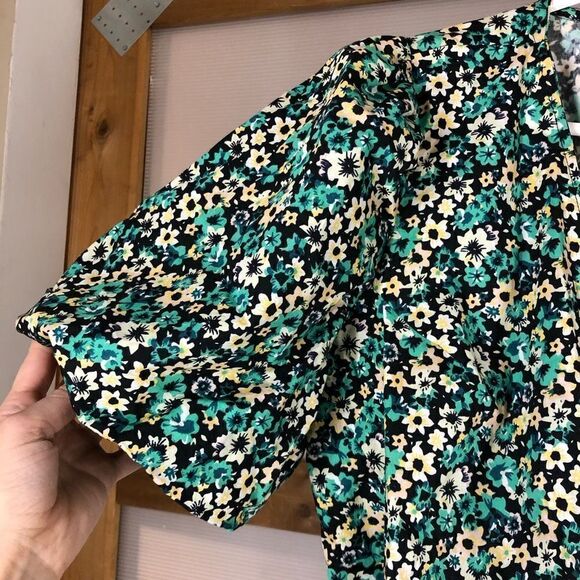 Only Riri i Gron Green Yellow Balloon Short Sleeve‎ Wrap Blouse Sz M - Picture 4 of 10